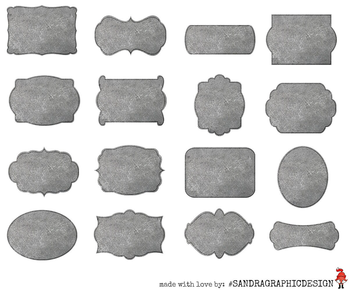 Concrete labels clipart with 16 grey labels in different