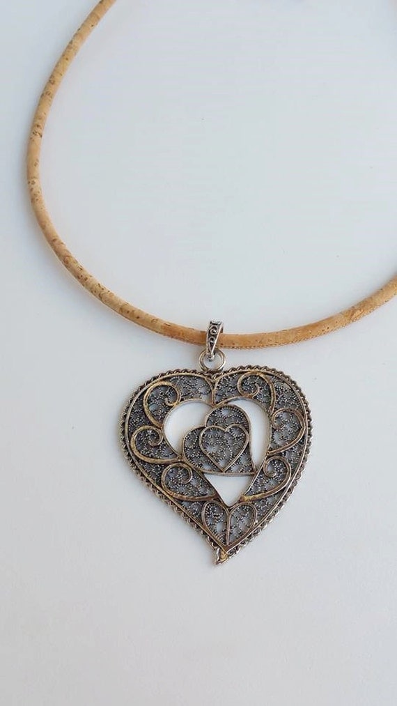 portuguese natural cork jewelry big heart necklace by TresJoliePT