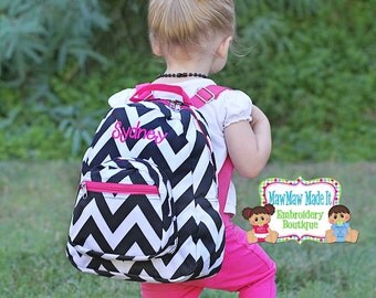 Monogrammed Mini Toddler Backpack - Black Chevron with Hot Pink Accents Napsack - Personalized with Embroidered Name or Initials