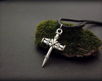 Nail cross necklace, silver cross necklace for men, crucifix charm necklace, religious jewelry, Gothic necklace, gift for men