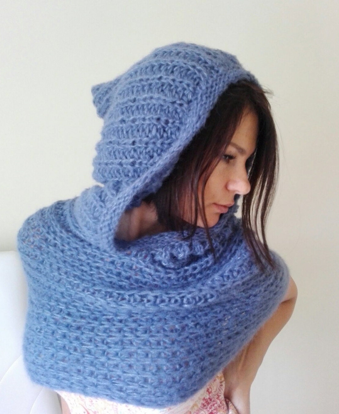 Denim Blue Knitted Neck Warmer with Hood / Oversized Hooded