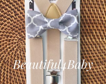 Grey Baby Bow Tie, Toddler Bow Tie and Suspenders, Little Boy Suspender and Bowtie Set- 6 Months to 5 Years Old