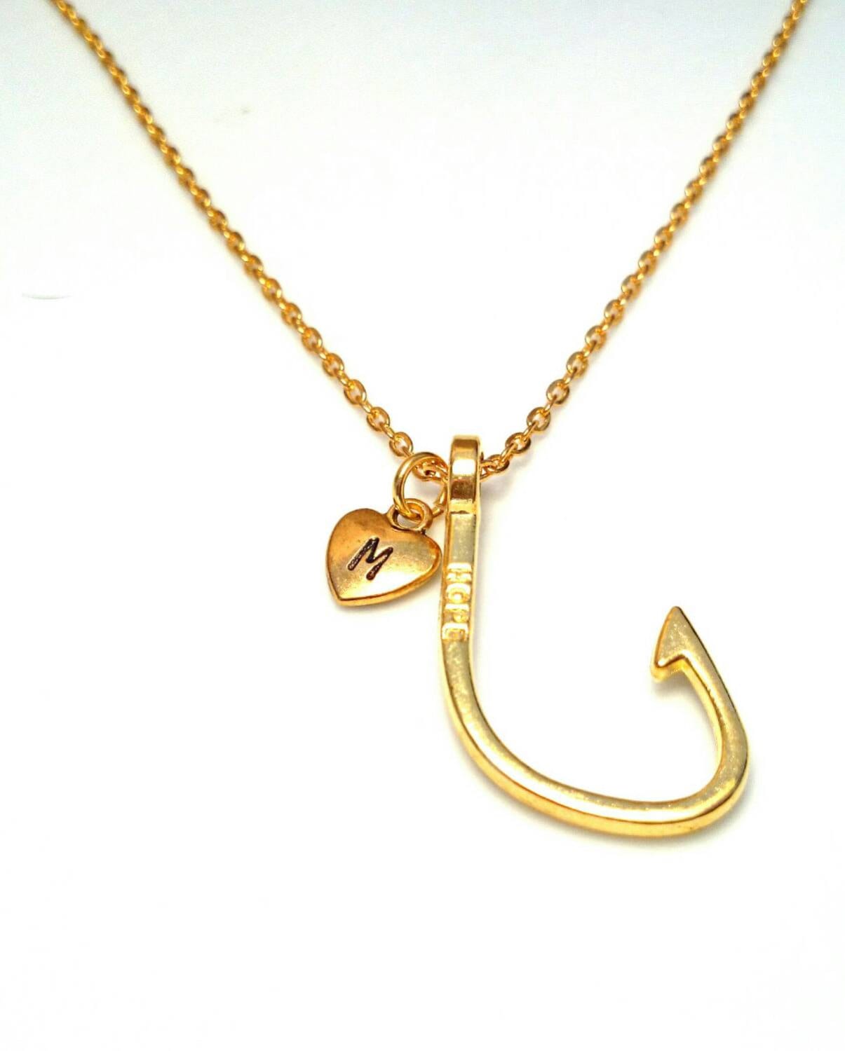 Fish Hook Necklace Fish Hook Initial Letter Necklace Gold