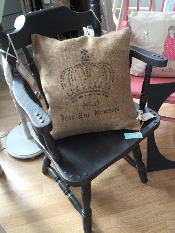 French Style Rustic Burlap Cushion // French Writing on Cushion // Hessian Jute Cushion // Crown Stenciled Cushion // Hand Printed Fabric