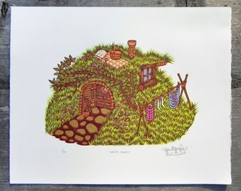 Grass House - Woodcut Print, Woodblock Print by Tugboat Printshop