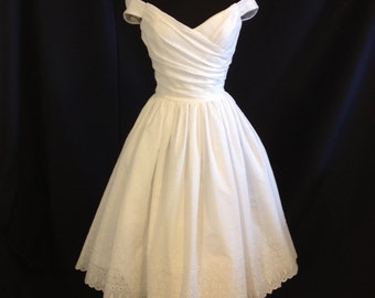 Short Wedding Dress, Off Shoulder, Cotton Eyelet, FLIR-TINI, Tea Length or Short Wedding Dress