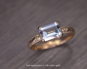 Aquamarine Gold Ring, emerald cut 14k solid gold milgrain solitaire, March Birthstone - Fitz Ring