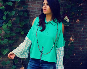 Bohemian Top Cold Shoulder Shirt Size XS - XXL Bell Sleeves Boho Hippie Upcycled Women's Clothing Recycled Eco Friendly OOAK