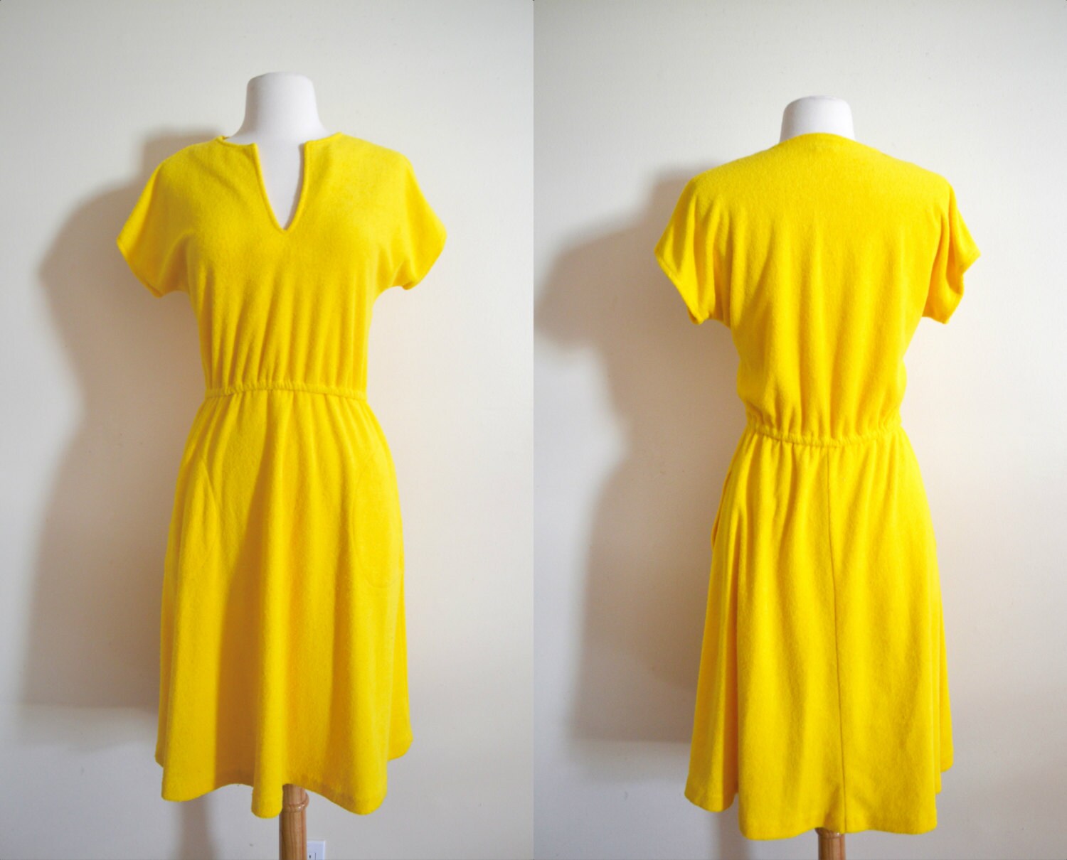 1970s Bright Yellow Terry Cloth Dress V Neck Summer Beach