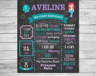 First Birthday Chalkboard of Favorite Things Poster Printable, Mermaid Birthday Chalkboard Sign, Mermaid Birthday