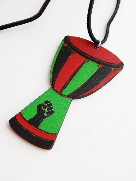 African Drum Necklace Drum Jewelry Black Power Fist Necklace