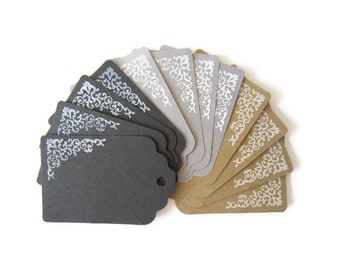 Gift Tags/ Hang Tags/ Gift Labels/ Hanging Labels 1.75" x 2.75" Kraft / Black/ Gray Die cut/ Scrapbook tag White Lace Pattern II Set of 25
