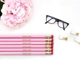 Personalized Pencils / BOSS LADY pencils / Like a Pink Gold Pencil Set / Engraved pencils / Gift For Her / Embossed Office Supplies