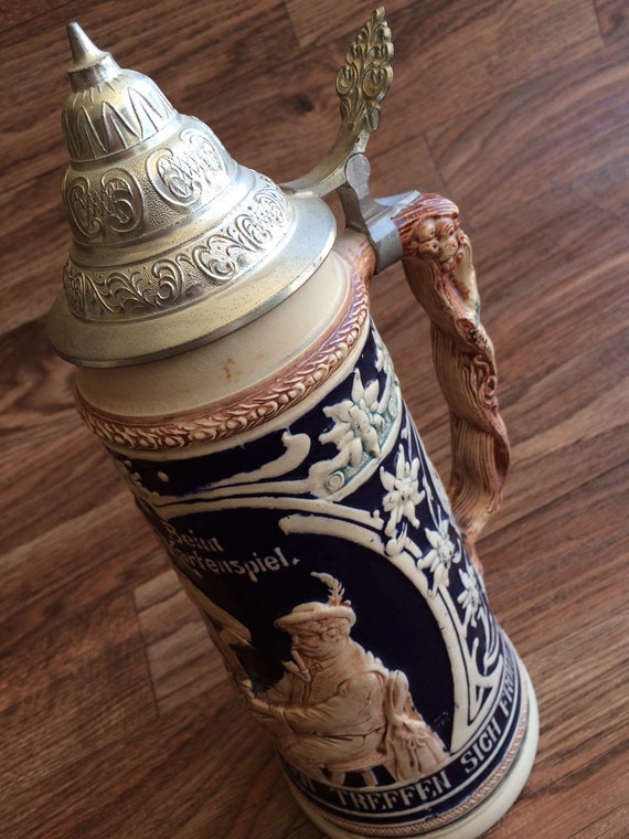 Pewter Lidded Beer SteinMid Cerntury Ornate Ceramic Tankard