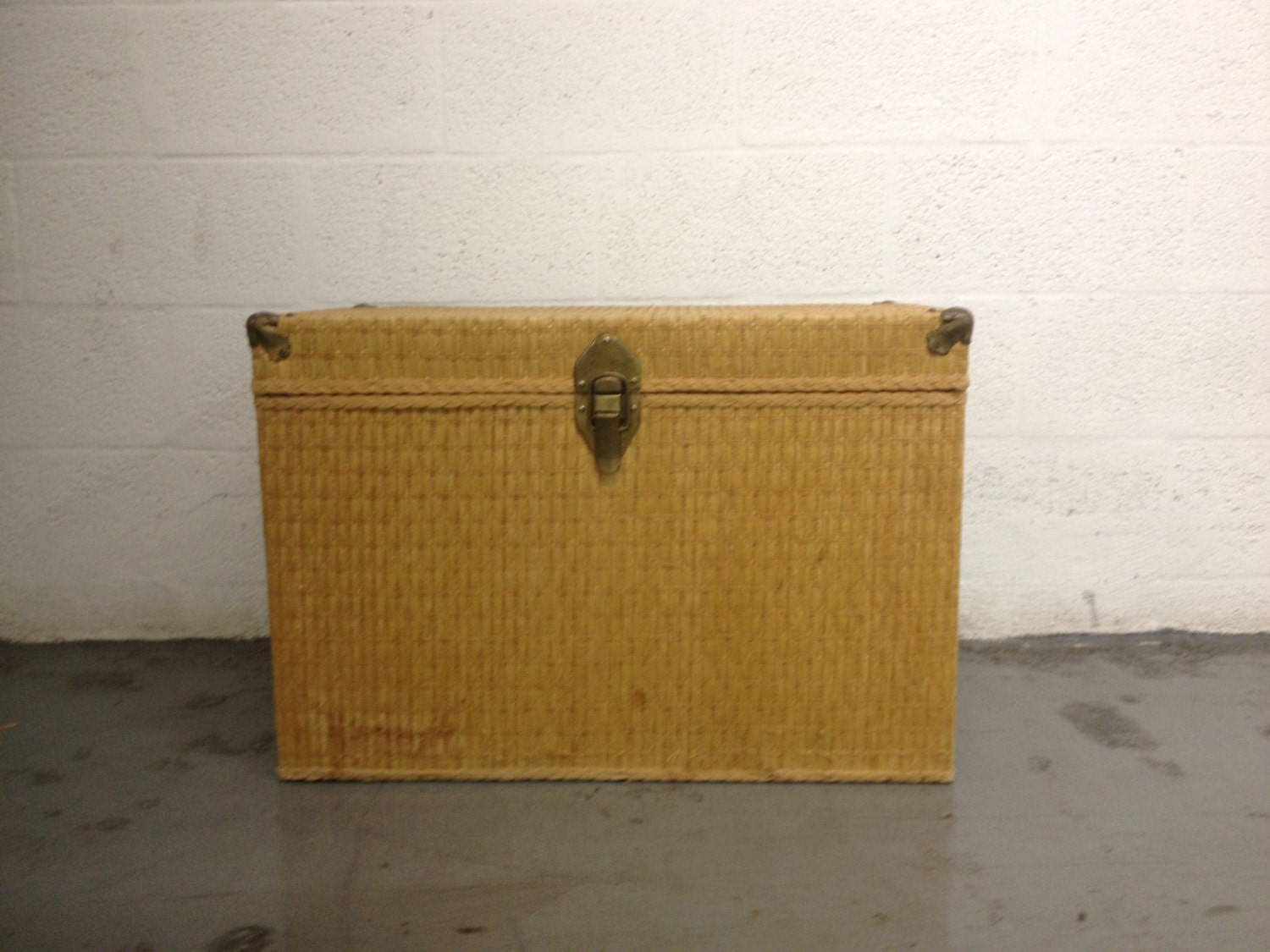 Vintage Rectangular Redmon marked Natural Raffia Trunk, coffee table, Toys Storage, Box with