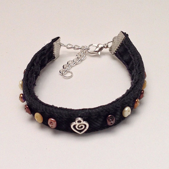 Denim Black Jean Bracelet Brown Beaded Recycled Eco Friendly