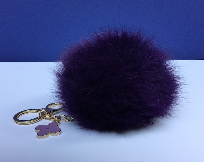 Purple Fox Fur Pompom bag charm pendant Fur Pompoms keychain with flower clover charm