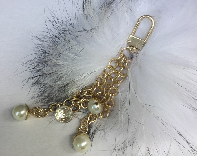 Fur Pom Pom keychain luxury bag charm pendant white with natural tips with pearl charms