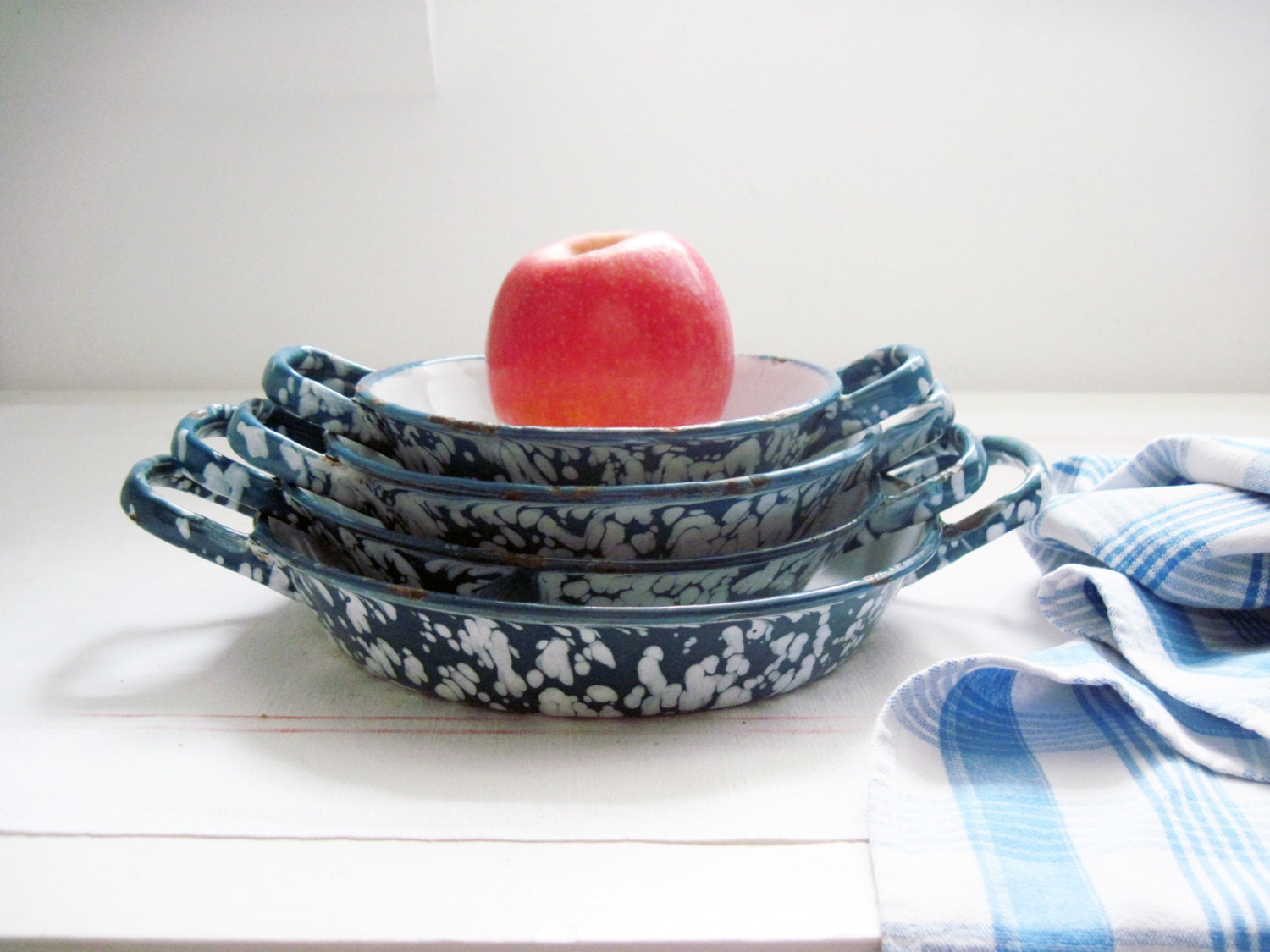 Set of 4 Vintage French Enamel Dishes with Handles Blue Marbled ...