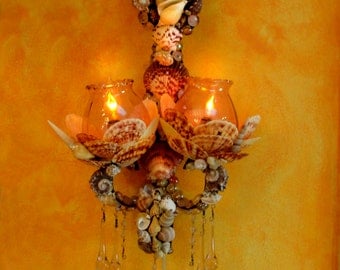 Pair of Sea Shell encrusted Wrought Iron Sconces with Glass Chrystal Drops