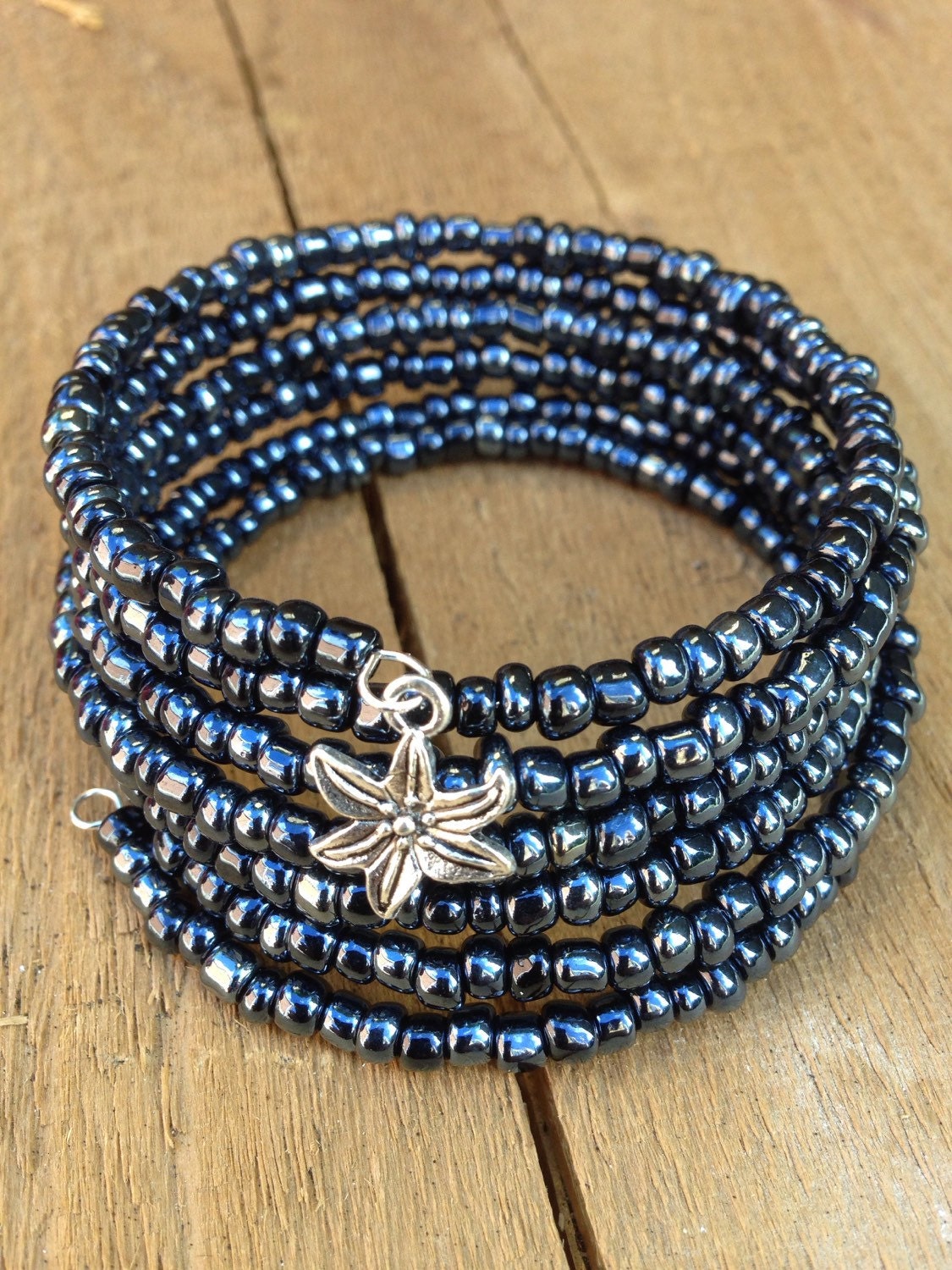 Shiny black wrap bracelet black lustred bead memory wire