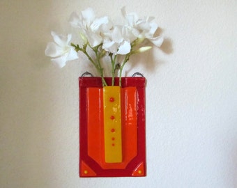 Fused Glass Wall Vase, Red Vase, Pocket Vase, Hanging Vase, Flower Vase, Wall Pocket, Bud Vase, Wall Art, Red Orange Vase, Wall Decor