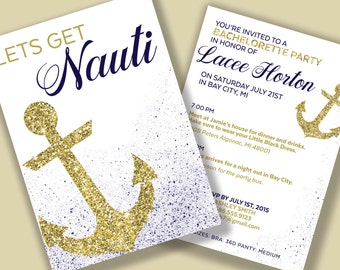 Bachelorette Invitations, Nautical Bachelorette Invitations, Lets Get Nauti Invitations, Anchor Bachelorette Invitations, Lets Get Nauti