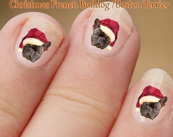 Christmas French Bulldog Nail Art, Dog wearing a santa hat, Dog Stickers, Fingernail Stickers, Frenchie, Boston Terrier, Decals