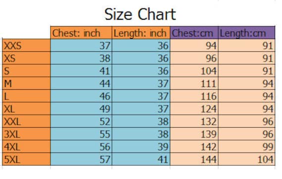 size chart for robe by SoftRobe on Etsy