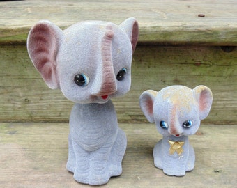 Two 2 Flocked Bobble Head Elephants Japan vintage 1960s