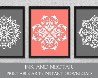 Printable Art, Set of 3 Prints, Bedroom Art, Coral Art, Gray Art, Printable Wall Art, INSTANT DOWNLOAD Art, Wall Decor, Set of 3 Wall Art