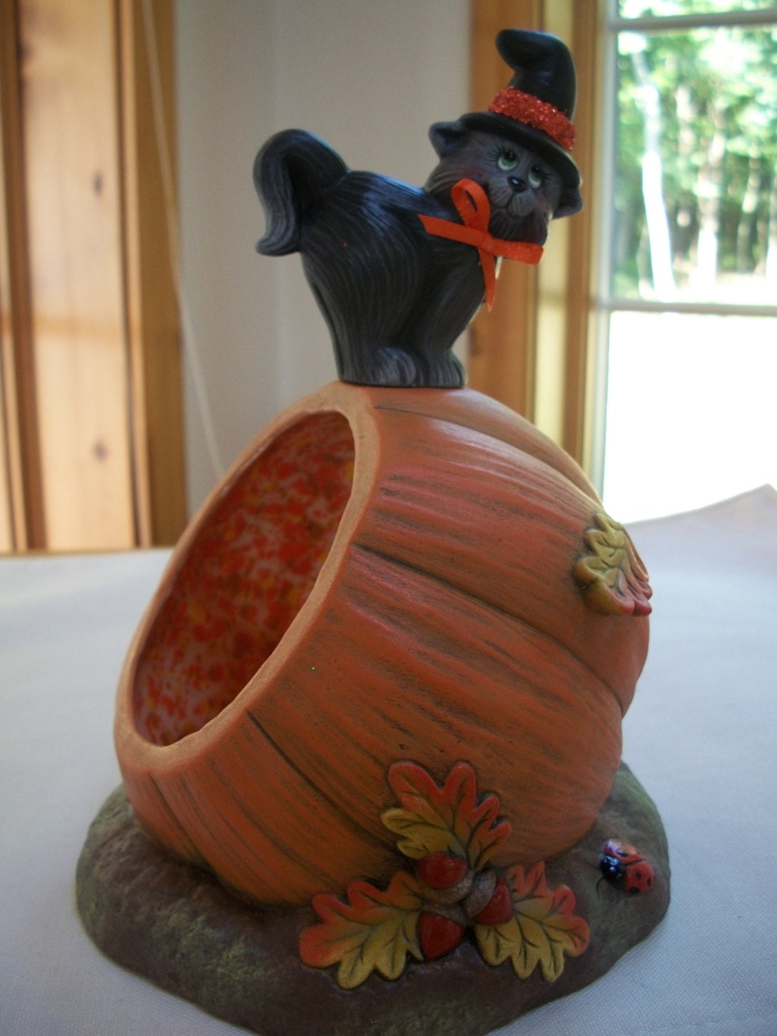 ceramic pumpkin candy dish with Halloween cat