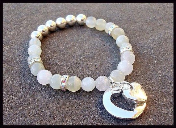 Items similar to Moonstone Sterling Silver Beaded Bracelet Heart Duel ...