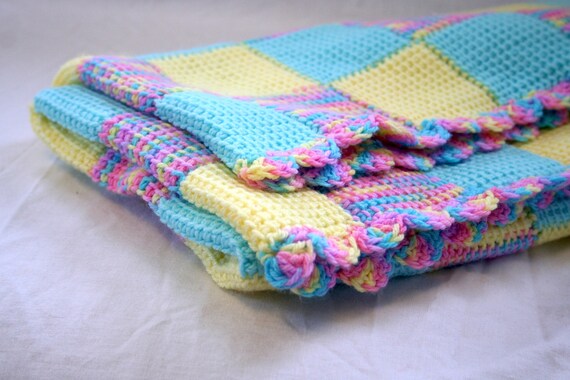 Crocheted Baby Blanket Yellow Blue & Pink by TheReitsmaStore