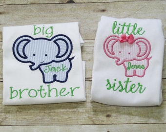 Personalized Big Brother Little Sister Shirt/Bodysuit/Infant Gown/Romper with Elephant & Name - Brother Sister Sibling Set - Elephant Shirt