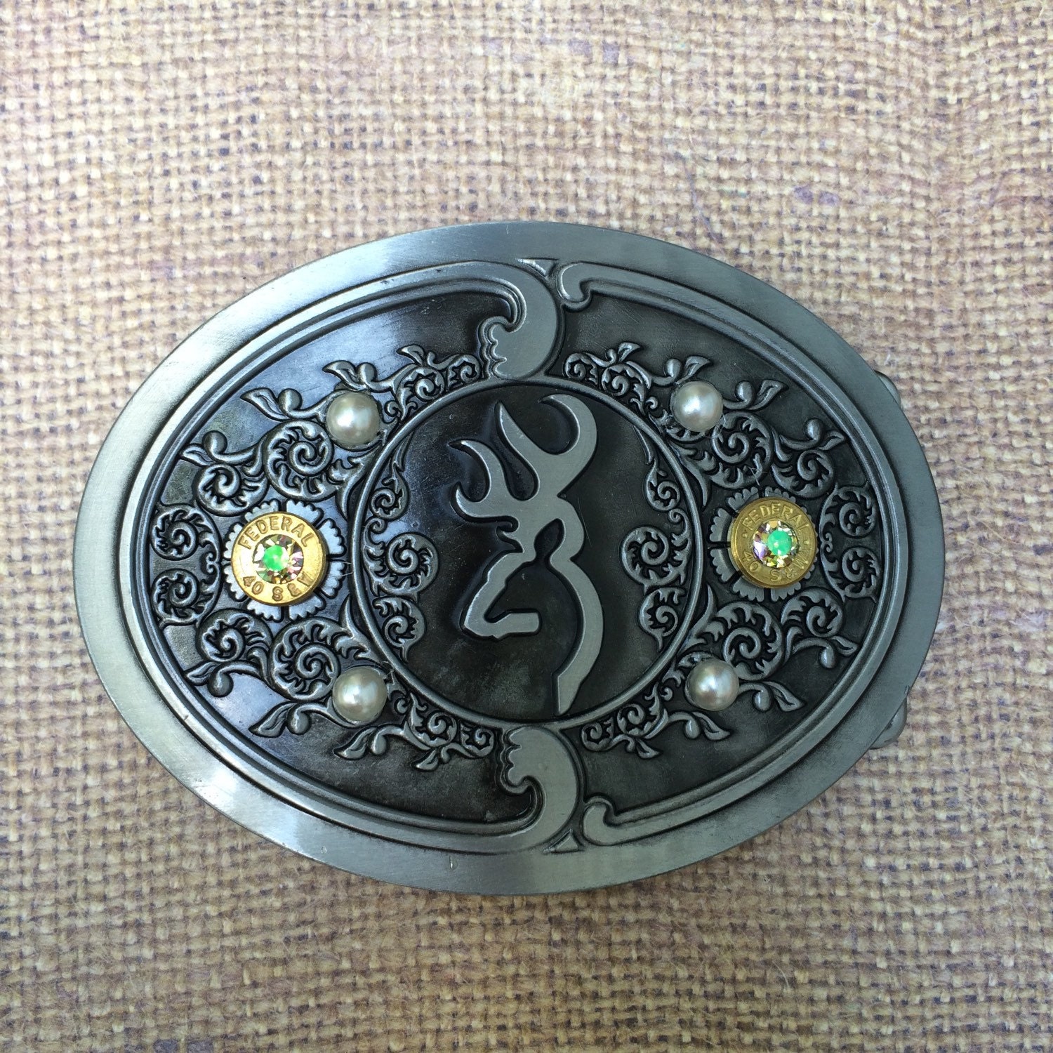 Pearl and Crystal Browning Belt Buckle with 40 Caliber Bullets