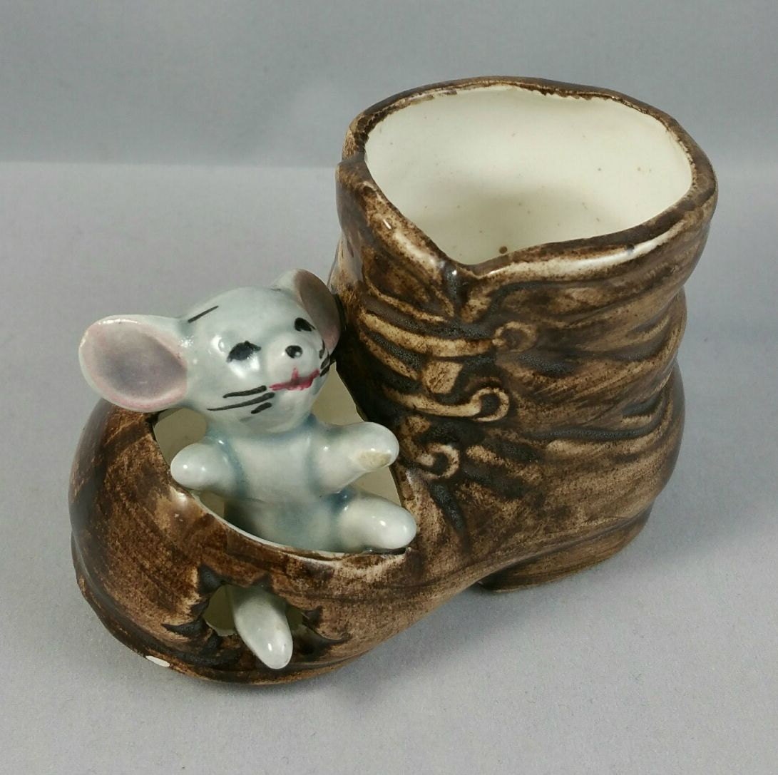 Vintage Ceramic Mouse in Boot Toothpick Holder, Japan Toothpick Holder