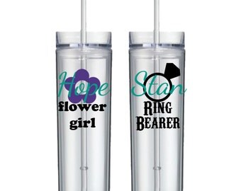 Set of 2 - Personalized Skinny Acrylic Tumbers - Flower Girl Cup - Ring Bearer Cup - Bridal party gift - Wedding glassware - Wedding cups
