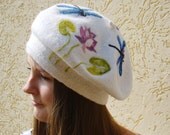 White wool beret French beret Beret patterned Women beret Women's wool hat Berets with dragonflies Dry felting Felting needles berets Felt