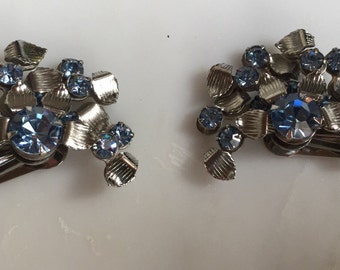 Vintage Leru silver tone blue rhinestone earrings