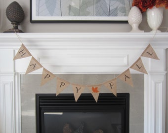 Happy Fall burlap banner - Fall banner with orange maple leaf