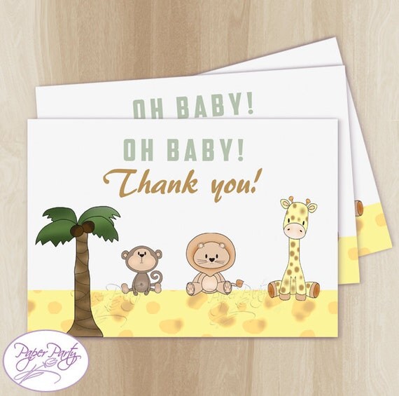 Safari Baby Shower Thank You Card Instant Download Yellow