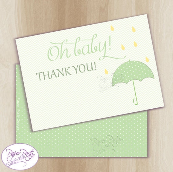 Mint Umbrella RainDrop Baby Shower Thank You Card Instant