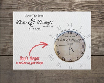 Clock save the date invites with detachable round magnets and envelopes custom order