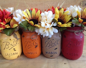 Painted Mason Jars. Fall Vases. Fall Decor. Rustic Decor. Home Decor. Thanksgiving Decor. Fall Wedding Centerpieces. Holiday Decor.