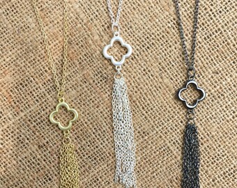 SALE!! Gold, silver, or pewter clover tassel necklace, pendant necklace, statement necklace, chain tassel necklace, layering necklace