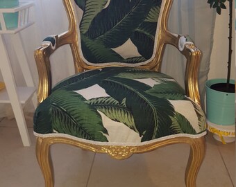 chair Antique louis XV accent chair gold frame and Banana leaf upholstery Tommy Bahama fabric