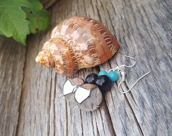 Light Blue, Black and Silver Beaded Dangle Earrings
