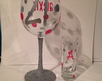 21st Birthday personalized wine glass and shot glass