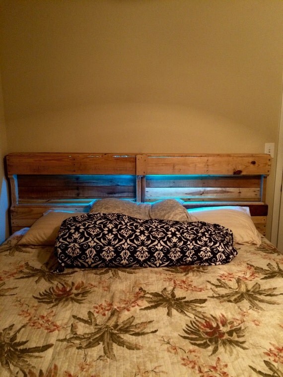 Pallet bed frame and headboard with LED's by URBANPALLETDESIGNS